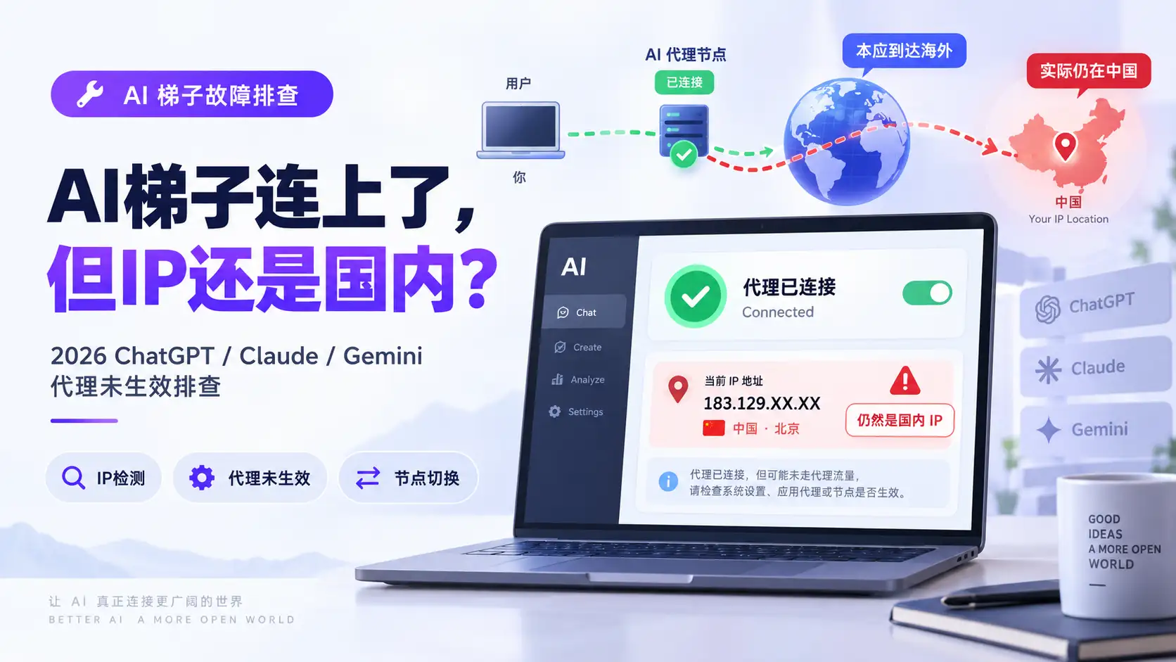 AI梯子连上了但IP还是国内怎么办?2026 ChatGPT、Claude、Gemini代理未生效排查