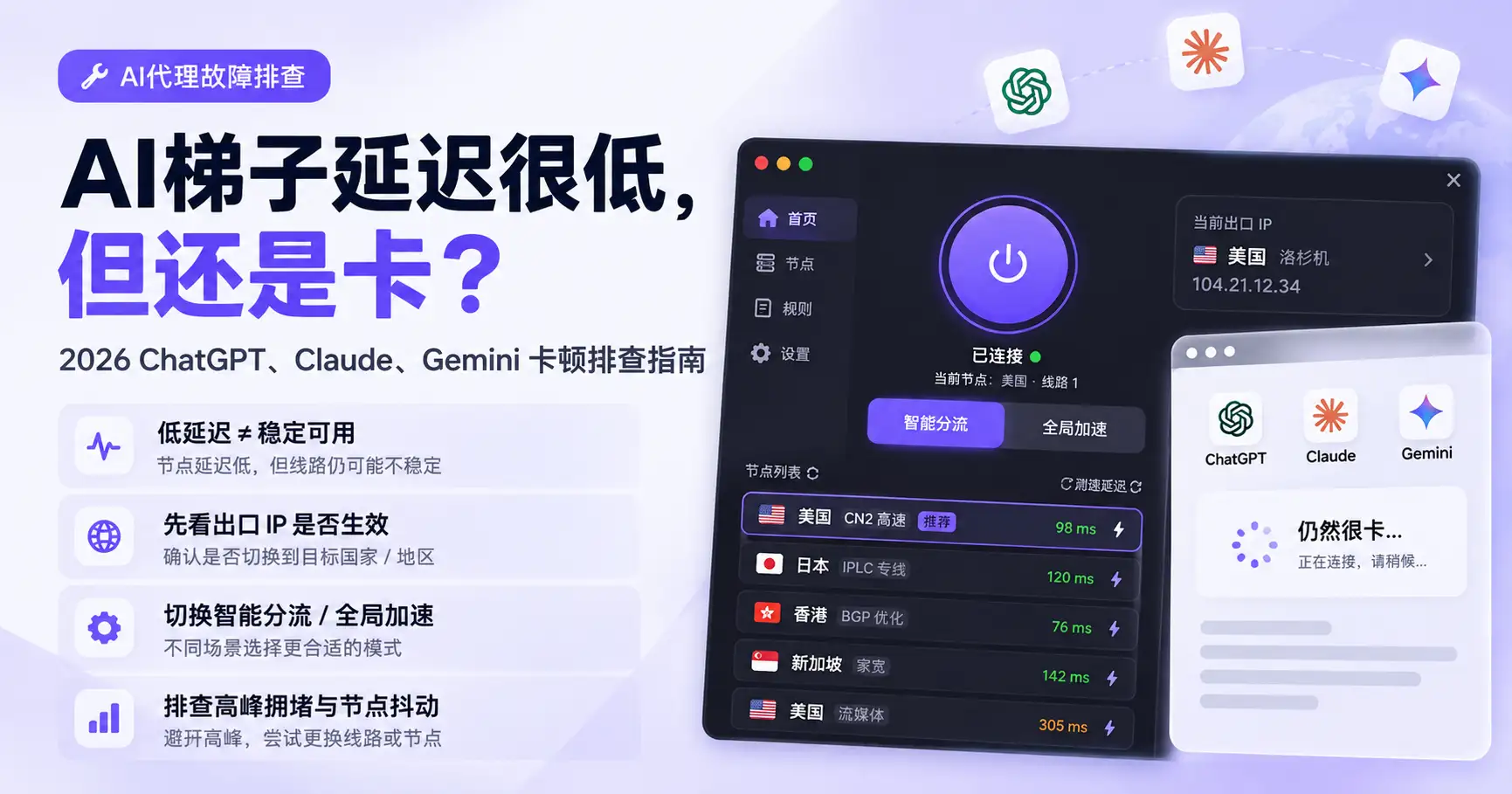 AI梯子延迟很低但还是卡怎么办?2026 ChatGPT、Claude、Gemini丢包与线路稳定性排查
