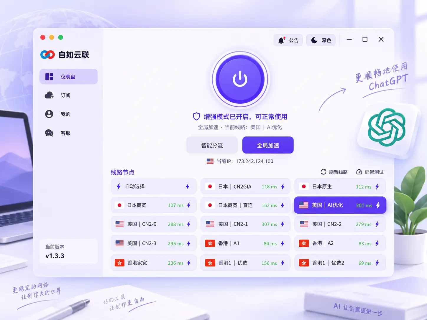 自如云联客户端线路节点界面,展示 ChatGPT 使用所需的美国 AI 优化节点与全局加速模式