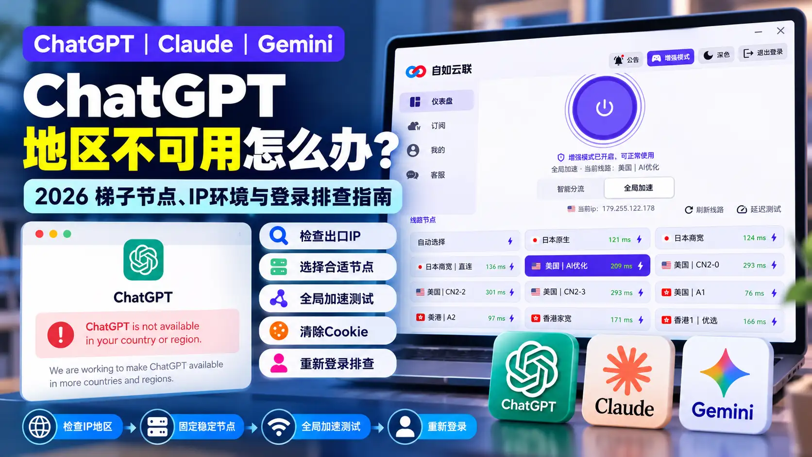 - ChatGPT地区不可用怎么办？2026梯子节点、出口IP、全局加速、Cookie与登录状态排查指南